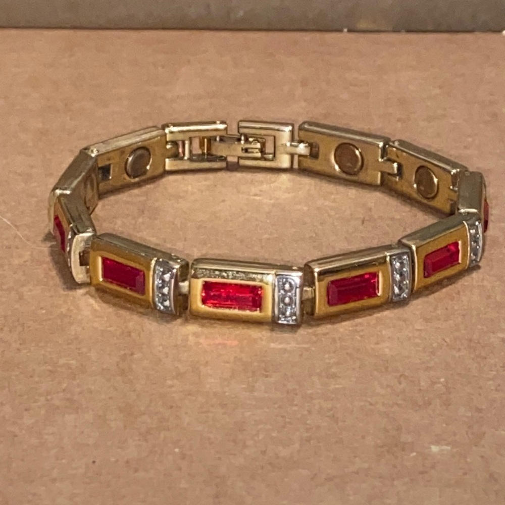 Vintage Gold Tone Ruby Red Color Stone Tennis Bracelet 6.5”